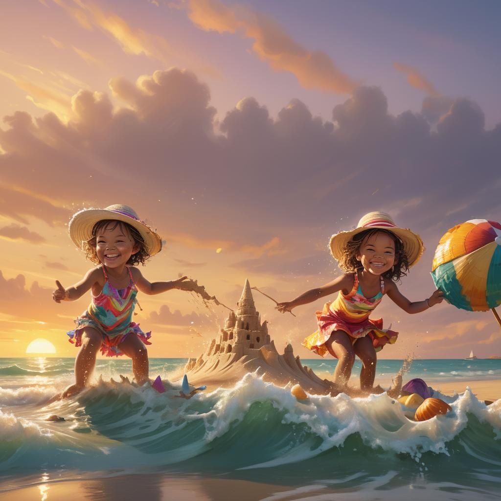 Hyperrealistic Child Builds Sandcastle on Vibrant Beach