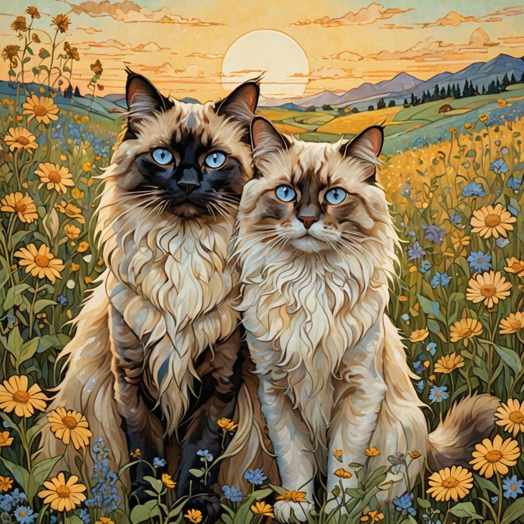 Siamese Cats in Wildflowers, Art Nouveau Style