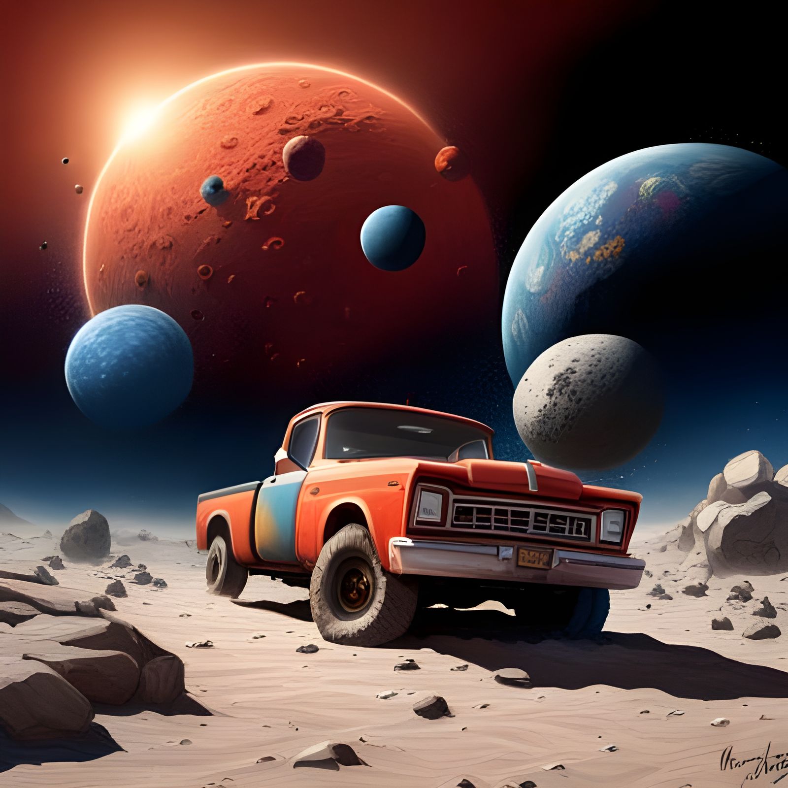 Retro Space Truck in Asteroid Field