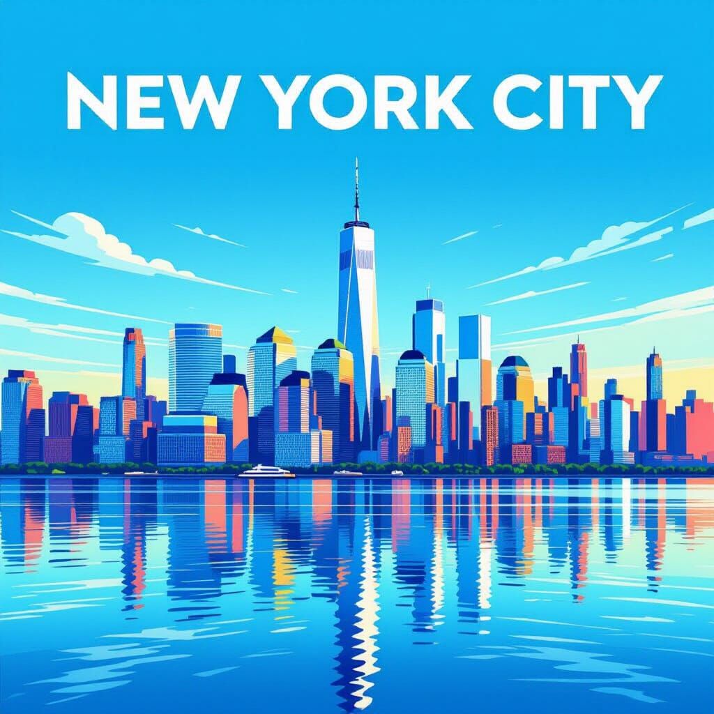 Vibrant NYC Skyline Illustration in Graphic Art Style