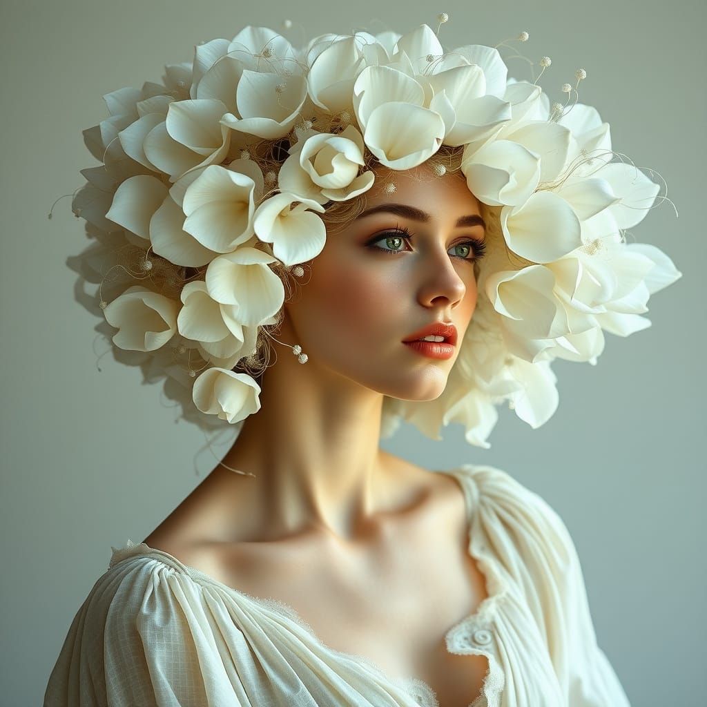 A striking portrait of a young woman whose hair is transform...