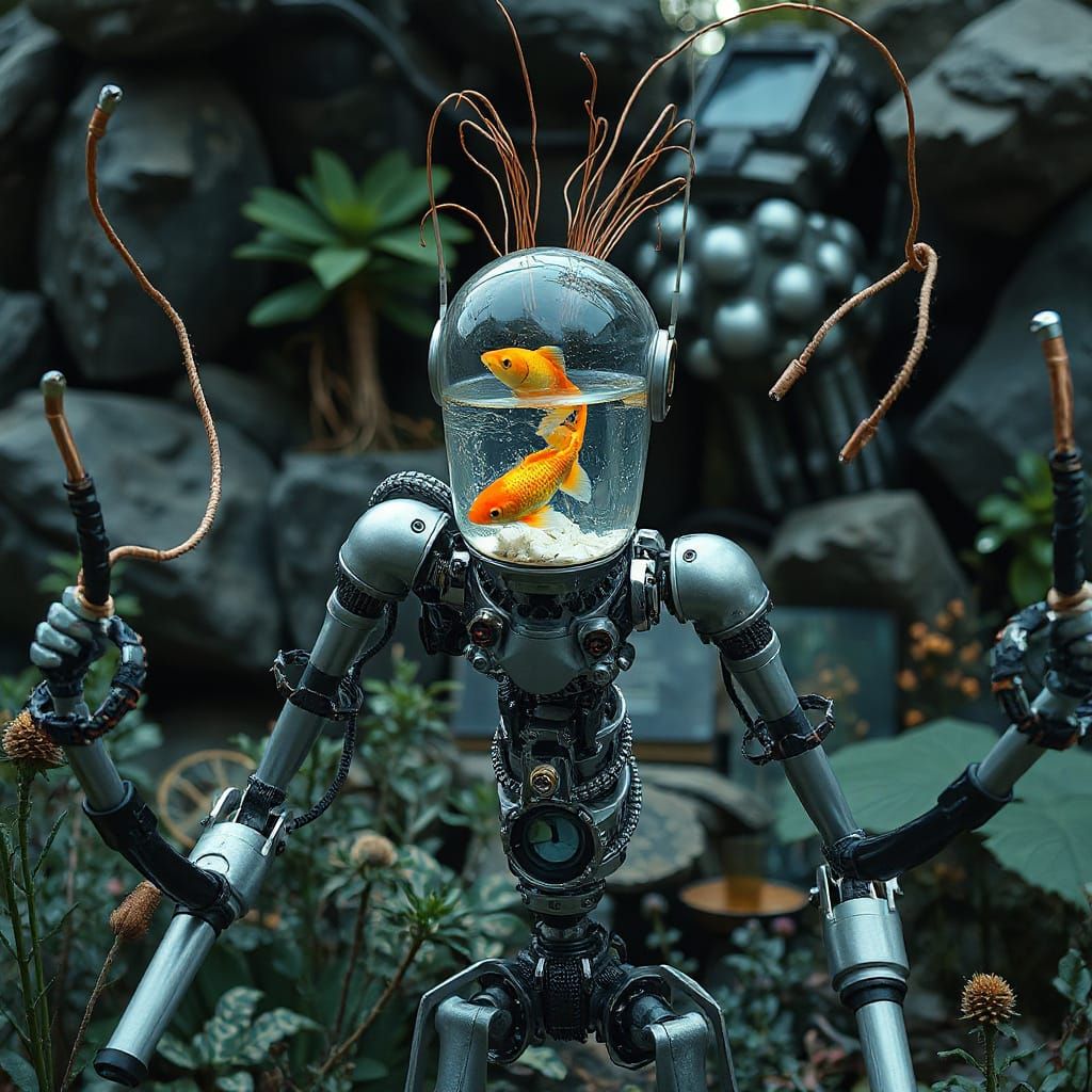 Robot with Aquatic Glass Head in Futuristic Garden