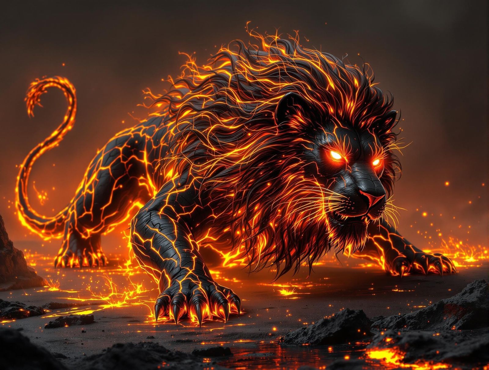 Majestic Molten Lava Lion Emerges from Volcano