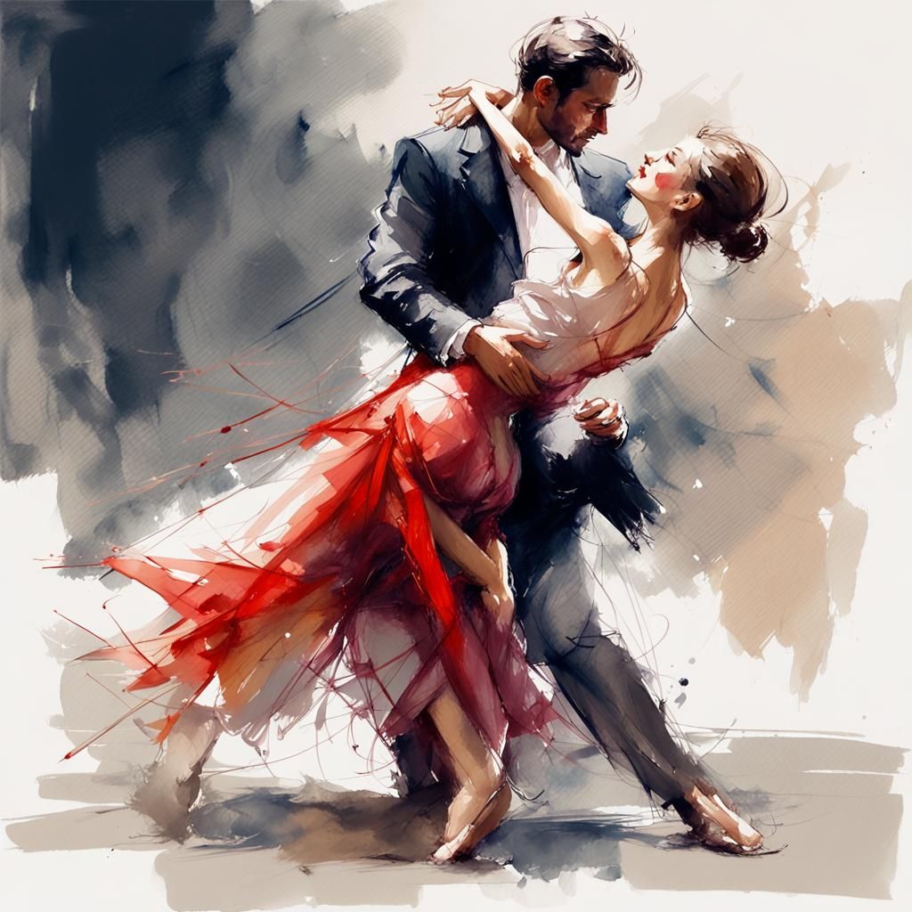 Passionate Tarantella Dance, Watercolor Digital Sketch