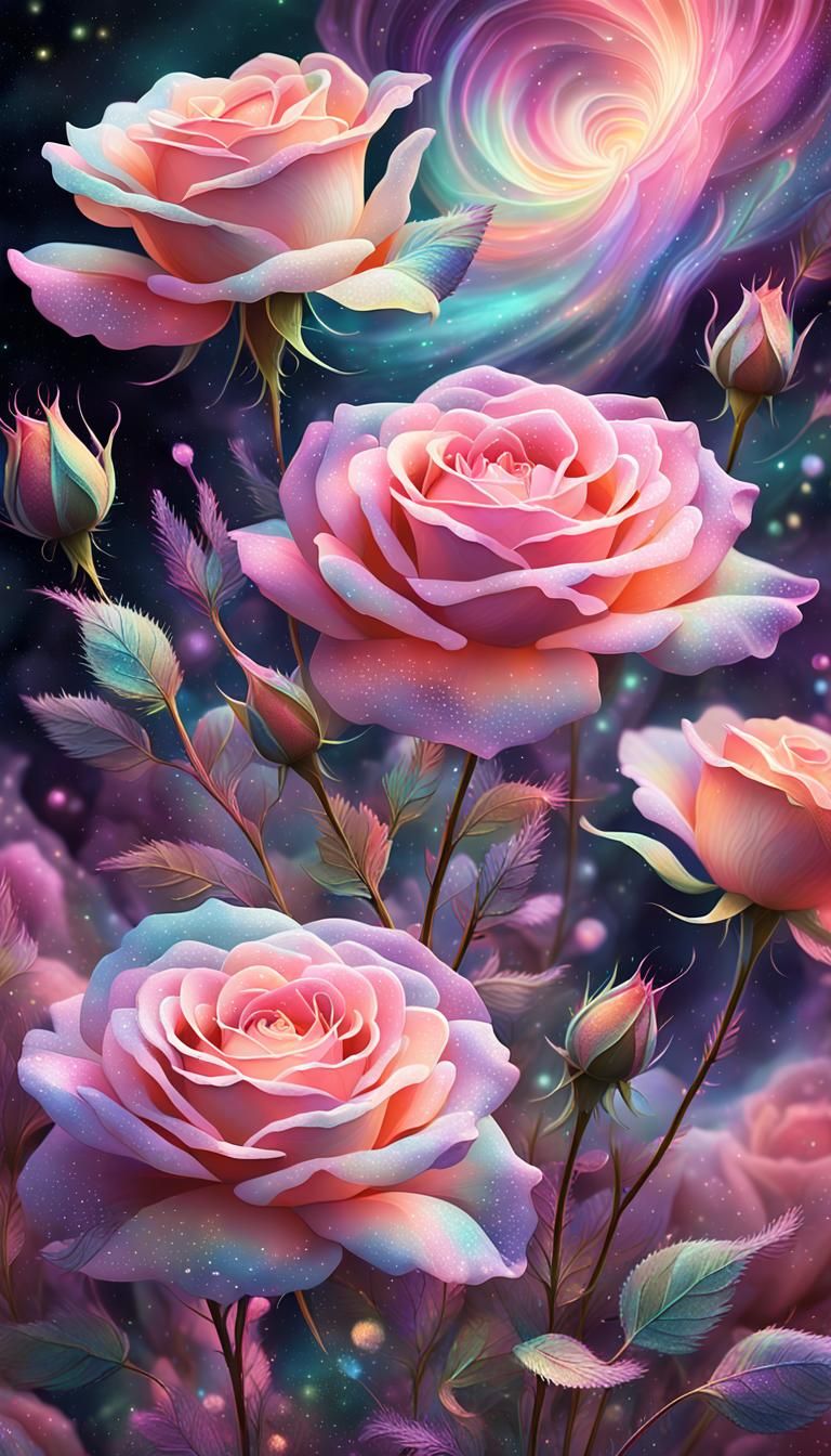 Pink Roses Floating in Astral Aurora Borealis