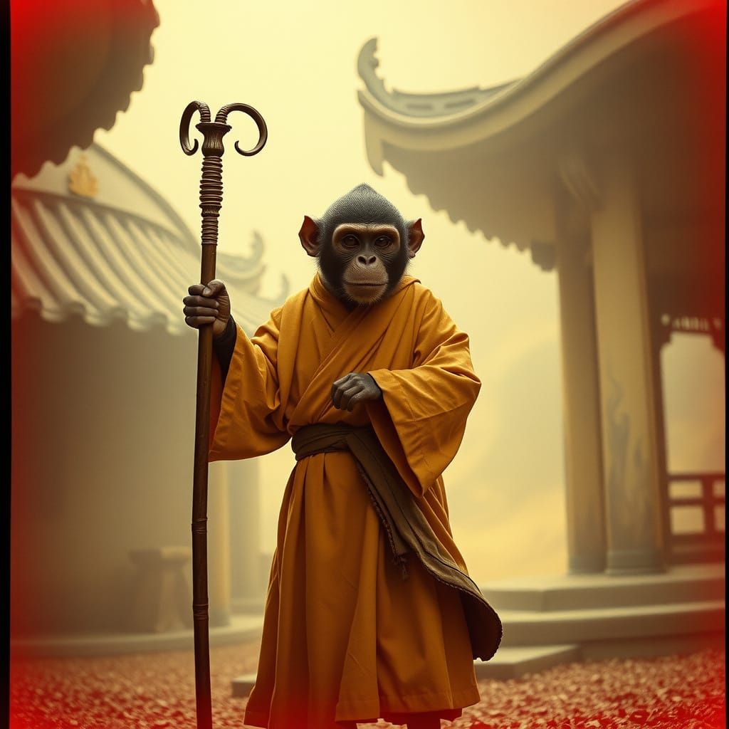 Monkey Monk in Mystical World: Cinematic Film Still