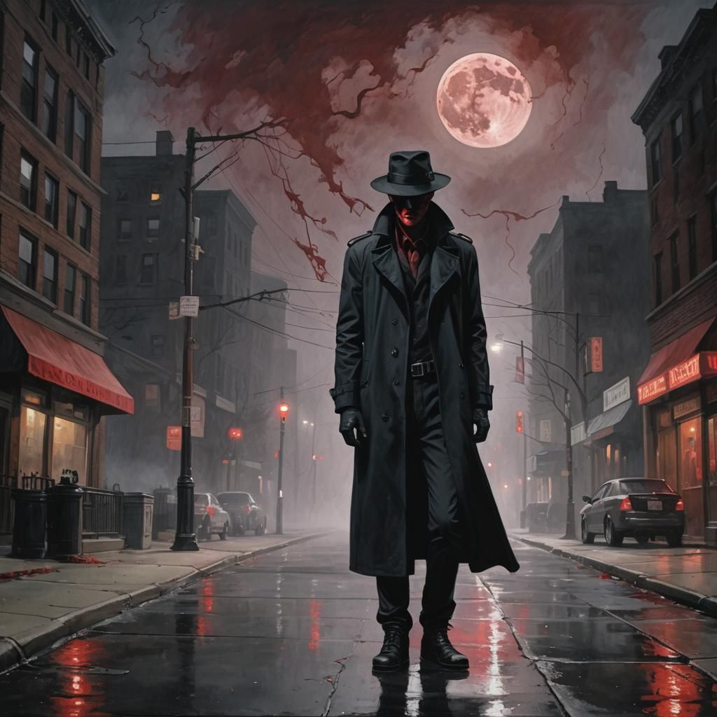 Sinister Man in Trench Coat Under Blood Moon