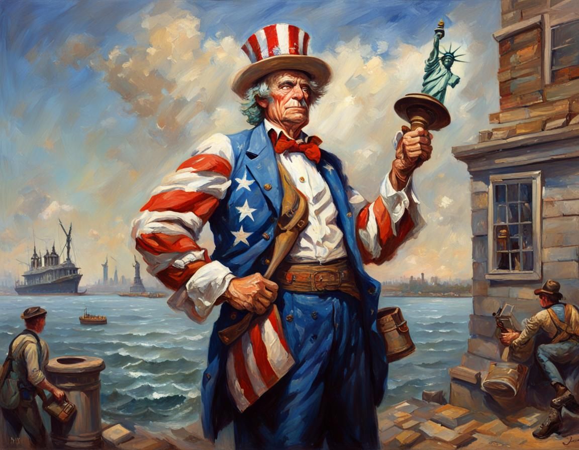 Uncle Sam with his sleeves rolled up flexing, A tattoo of Th...