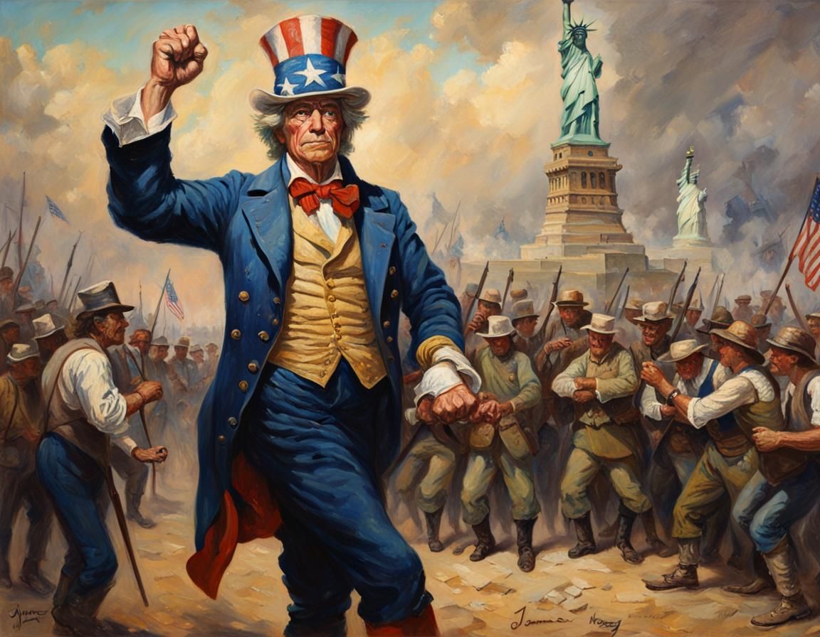 Uncle Sam with his sleeves rolled up flexing, A tattoo of Th...