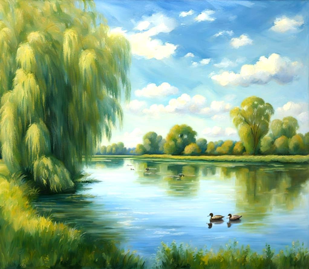Serene River Scene with Ducks, Oil Painting