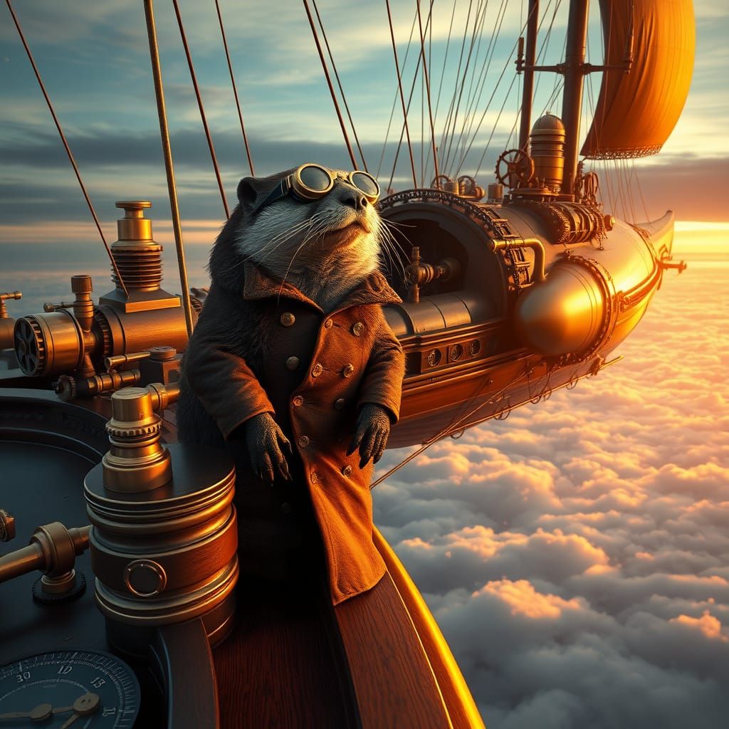 Steampunk Otter Airship Captain soars through the Clouds