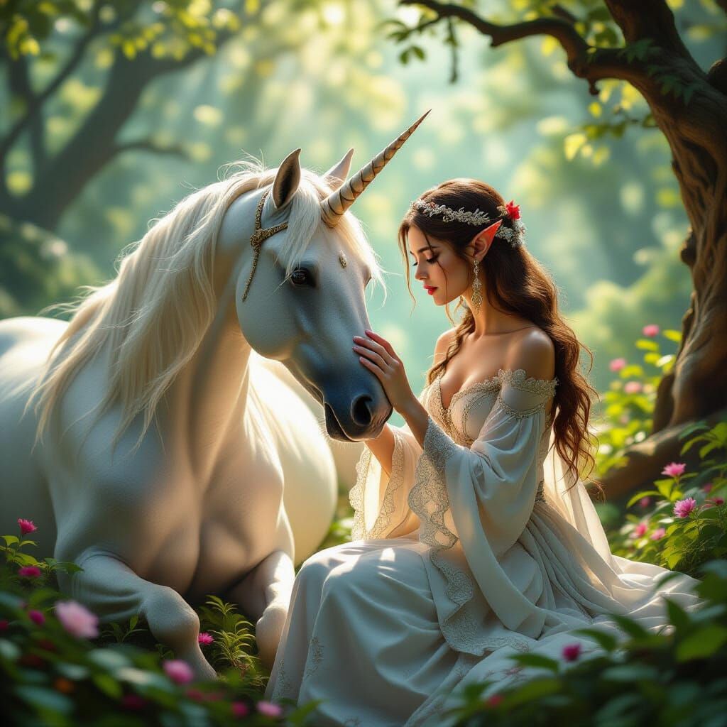 Elf and Unicorn in Fantasy Forest, Digital Matte Painting