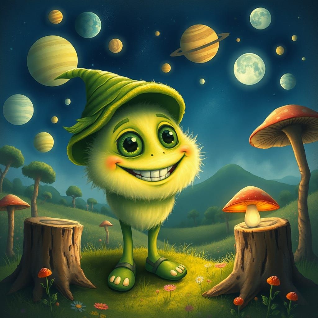 Furry Green Creature in a Sunny Sky: Alcohol Ink Painting