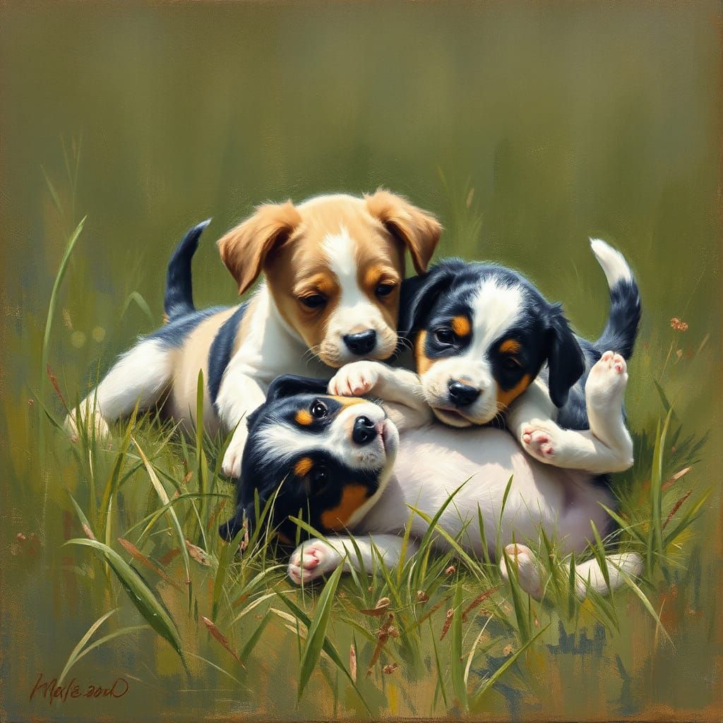 Puppies Playing in Grassy Field, Oil Painting
