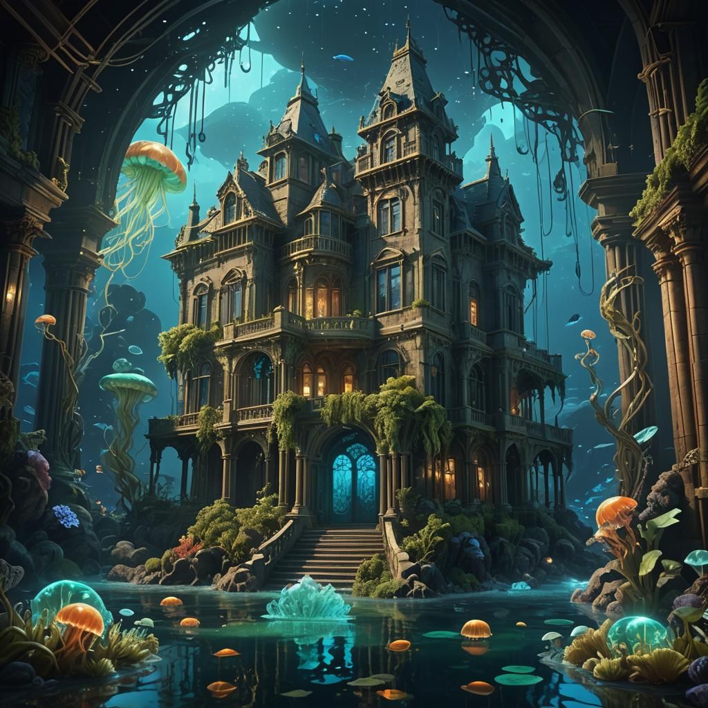 Eerie Underwater Mansion in Bioluminescent Light