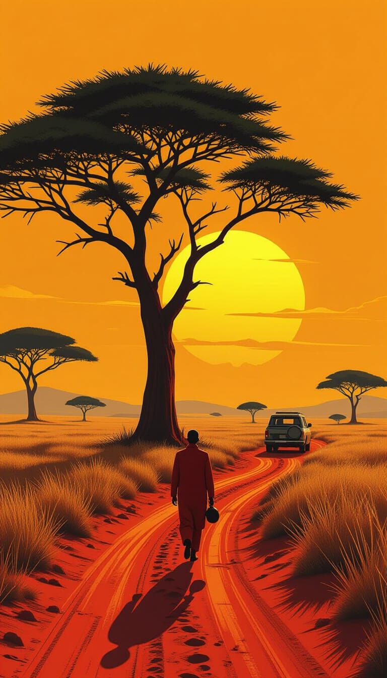 Kenyan Sunset in Minimalist Afrofuturist Style