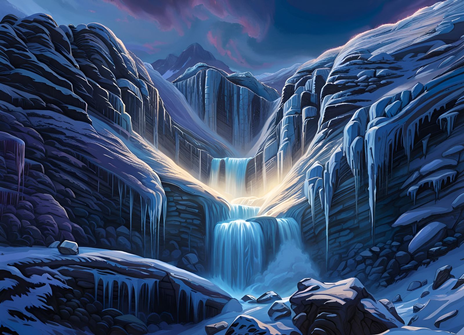 Hyperrealistic Frozen Waterfall at Night with Lightning