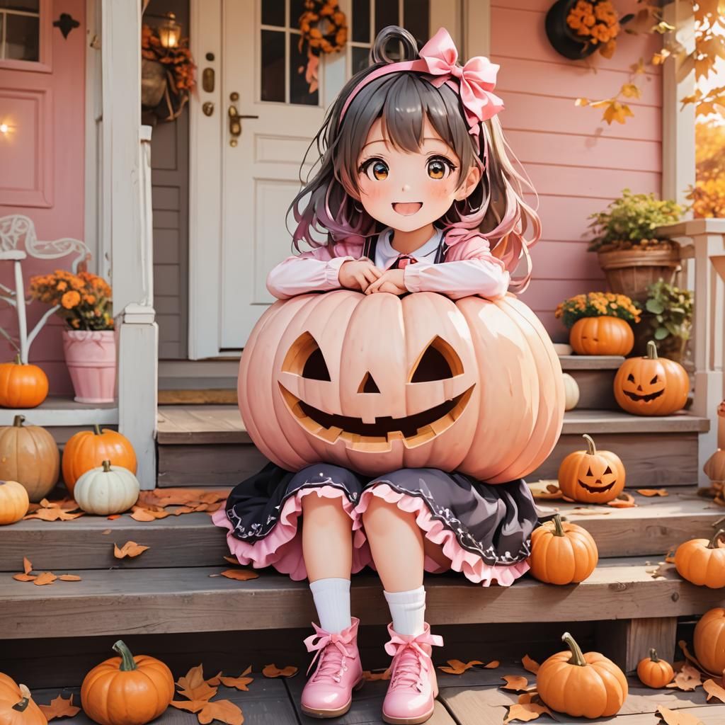 Smiling Kawaii Pumpkin with Pink Ribbon
