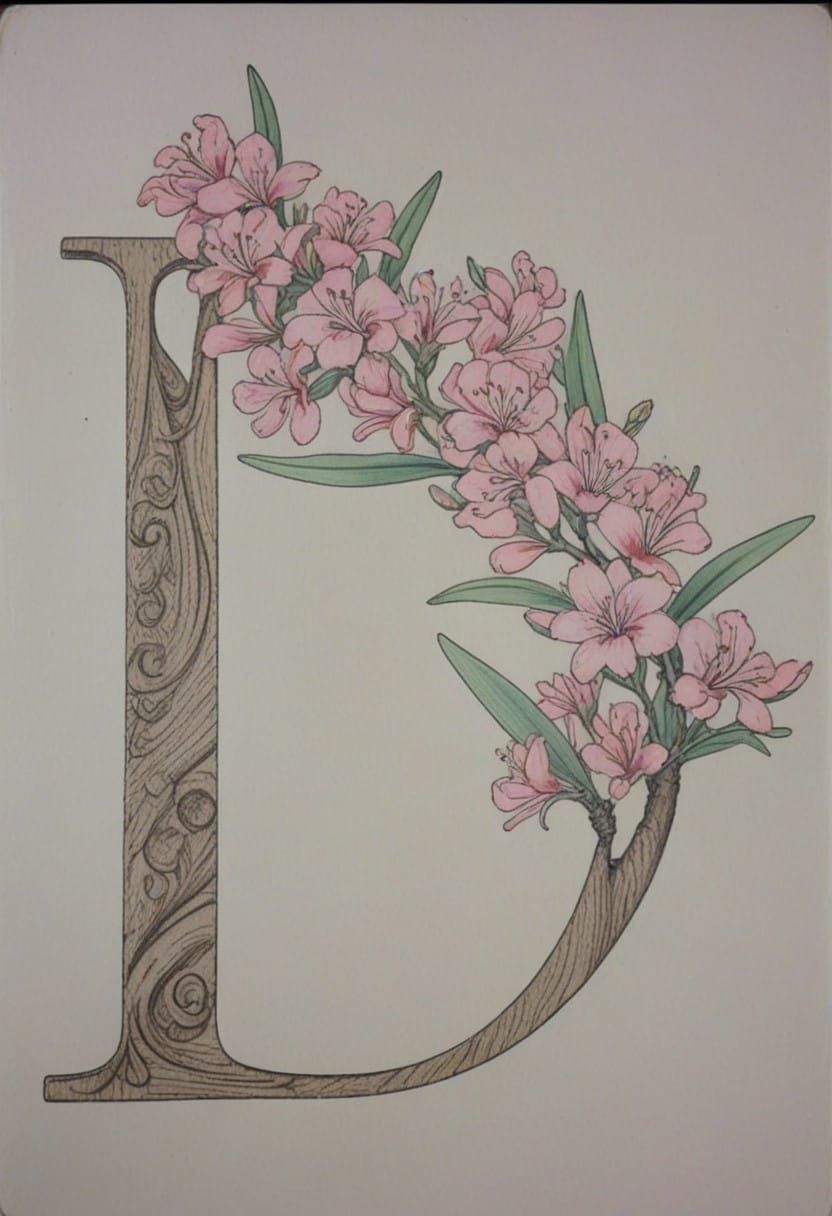 D Letter in Oak Wood with Vibrant Pink Oleander Accents