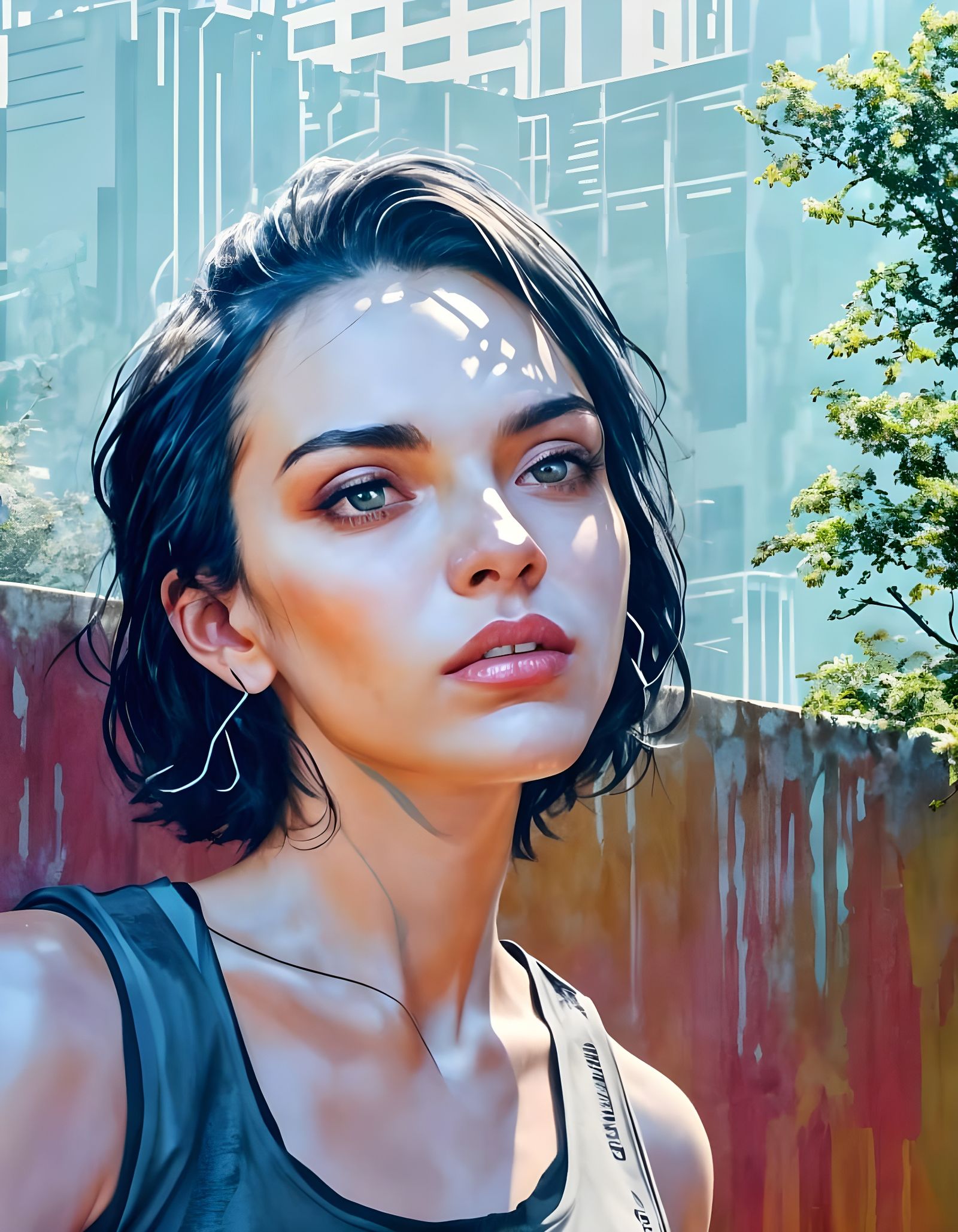 Abstract Brutalist Woman in Urban Setting as Impasto Paintin...