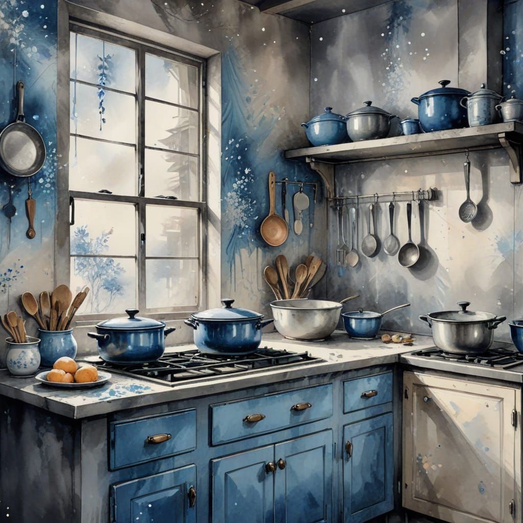 Cozy 1920s Kitchen in Chinese Ink Painting Style