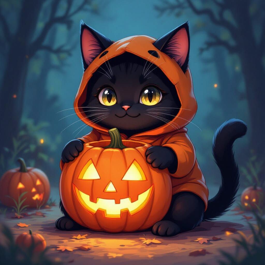 Black Cat in Pumpkin Costume with Jack-o'-Lantern