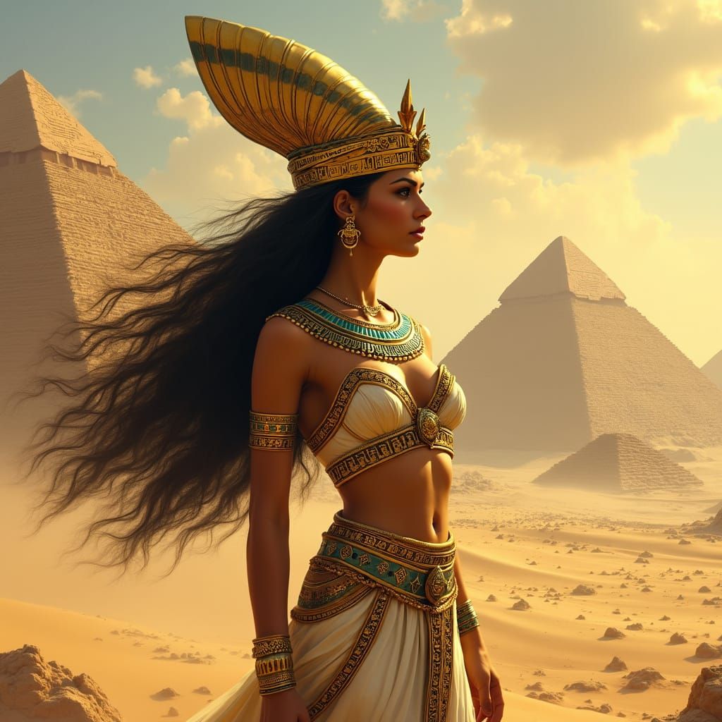Majestic Desert Goddess in Golden Headdress