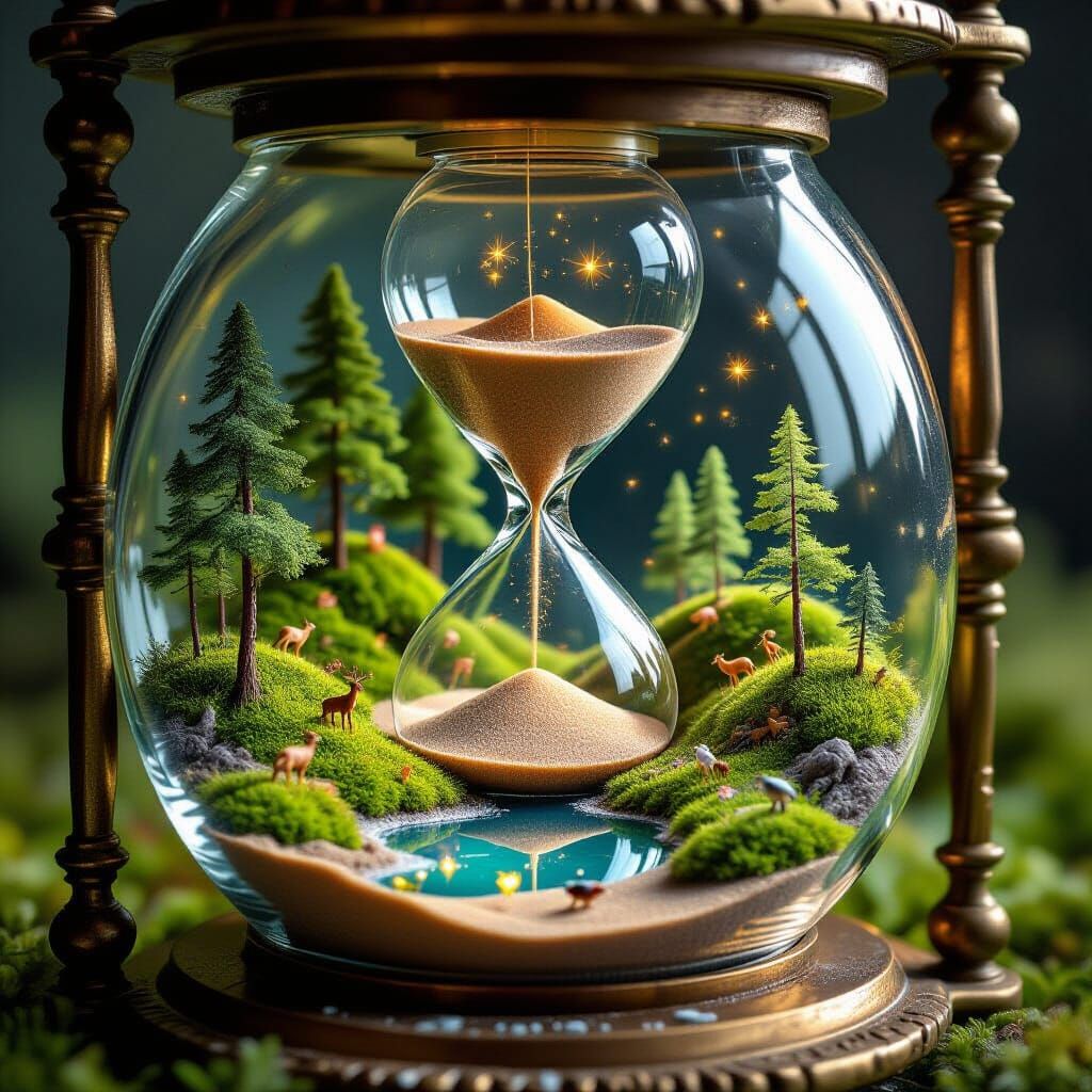 Miniature Forest Ecosystem Inside Antique Hourglass
