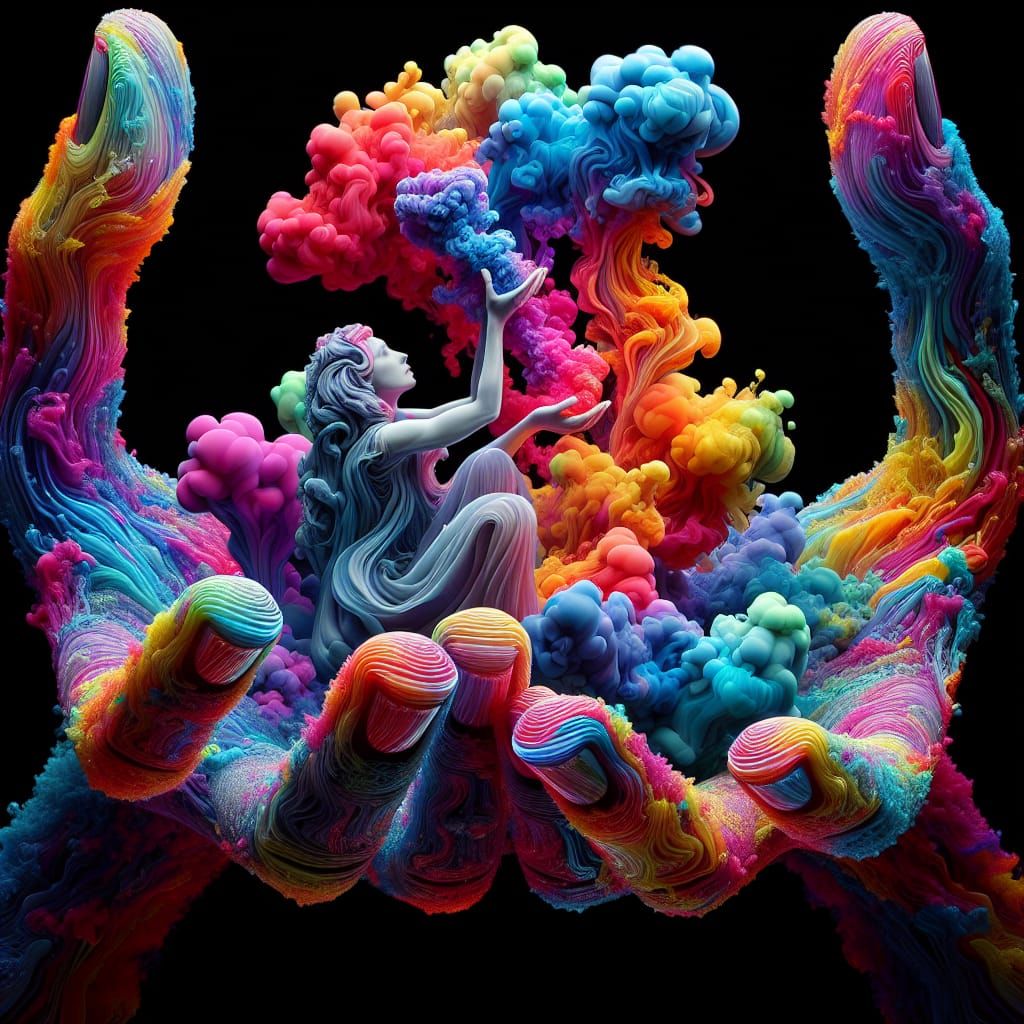 Glass Hands Holding Colorful Smoke Woman