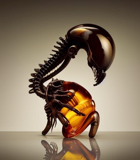 Xenomorph Fossil Encased in Amber: Hyperrealistic Close-Up