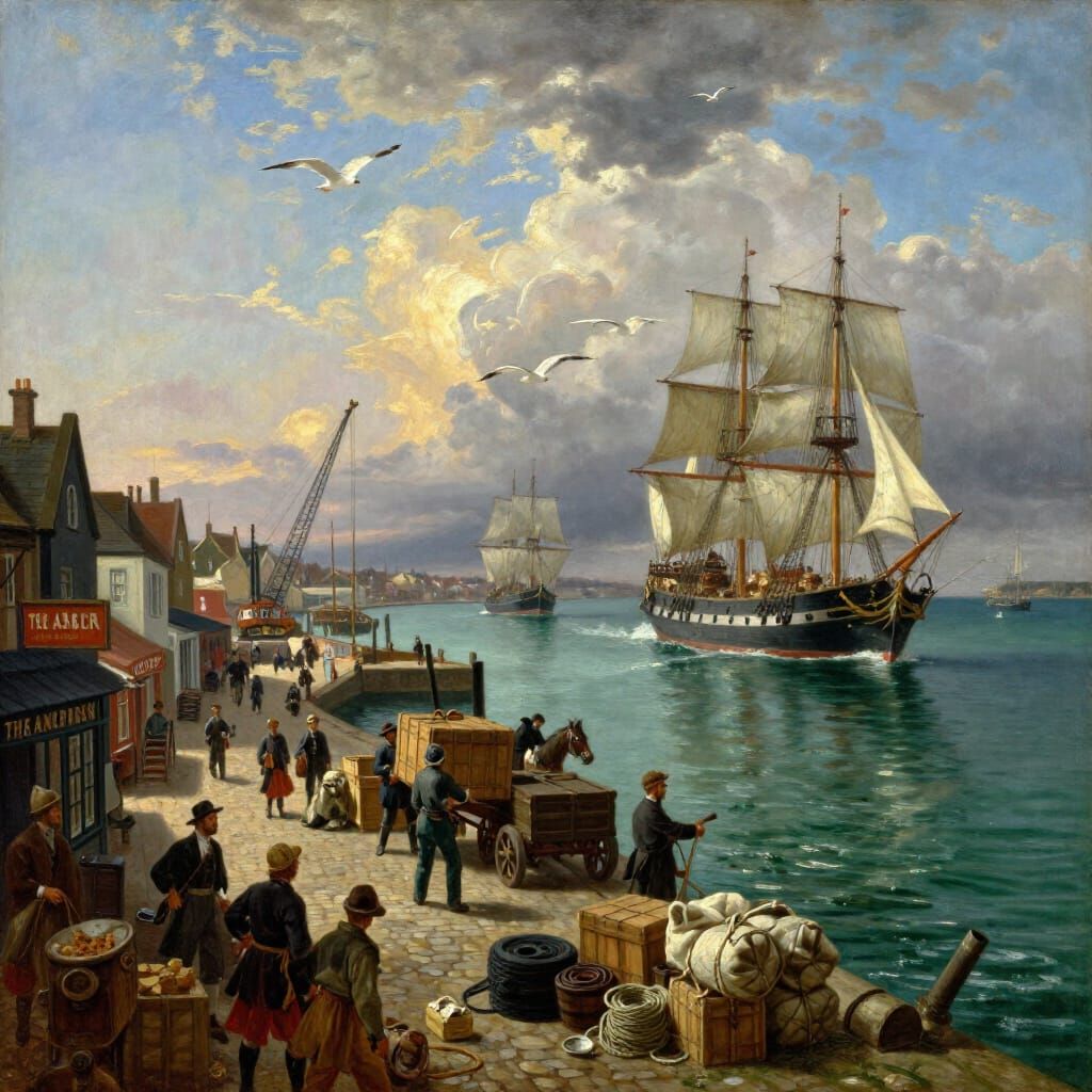 19th Century English Port Town Oil Painting