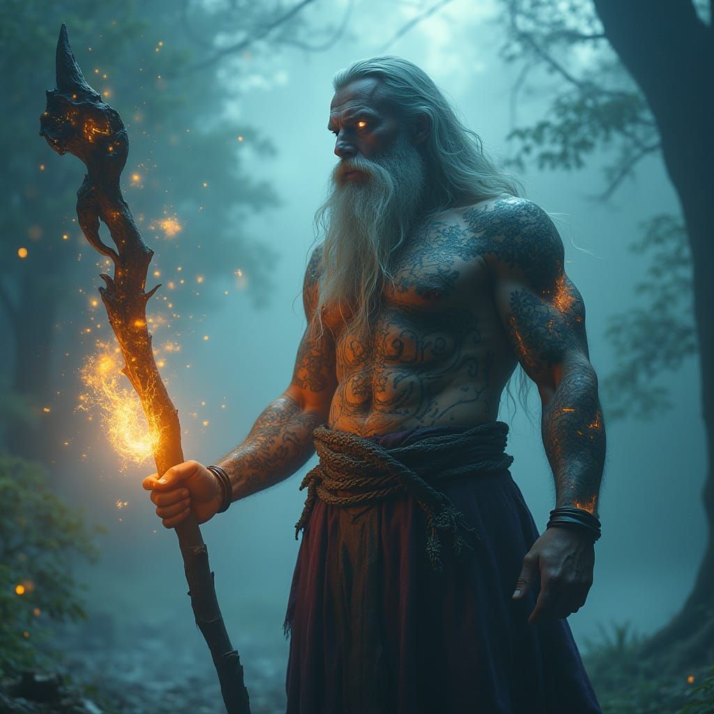 Radiant Celtic Sorcerer Stands Tall Amidst Swirling Fog