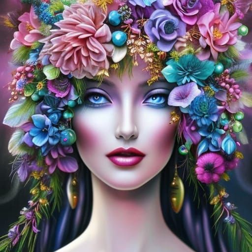 Whimsical Flower Crown Portrait in Digital Art Style