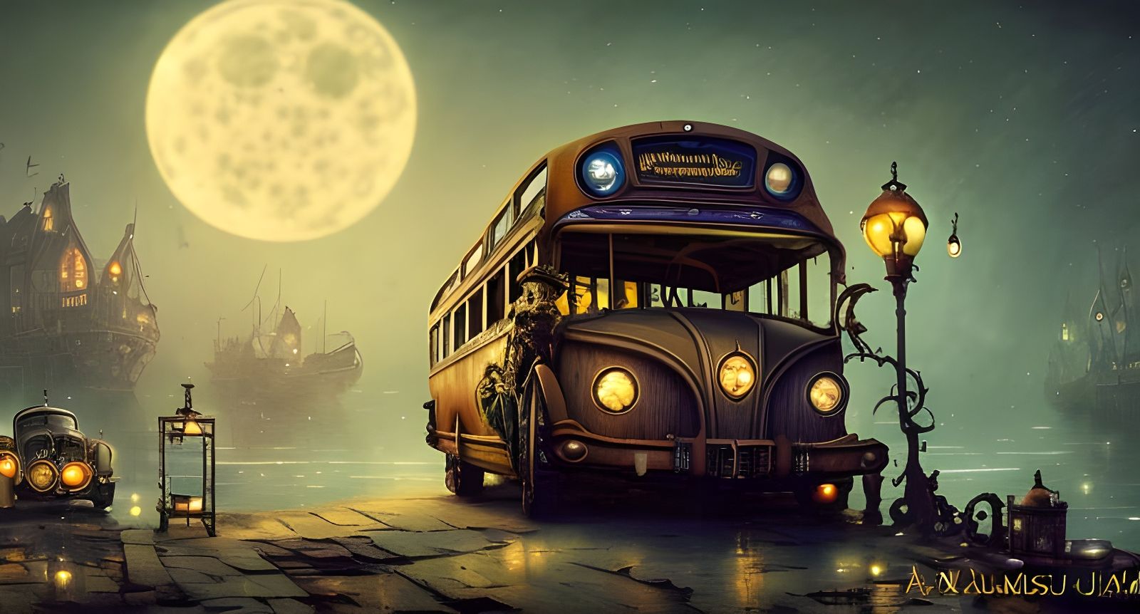 Steampunk Bus on Moonlit Coast: Art Nouveau Style