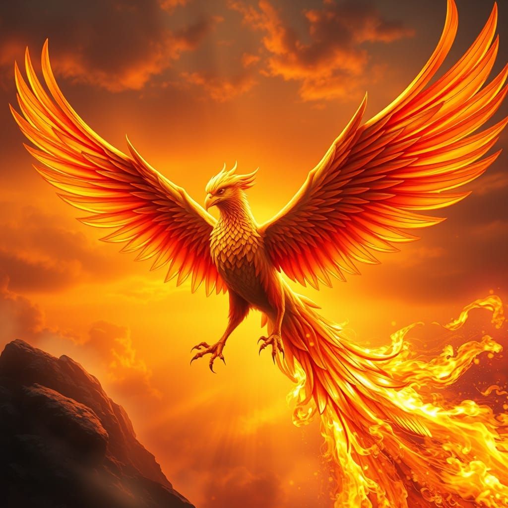 Golden Phoenix Soaring in a Fiery Sky