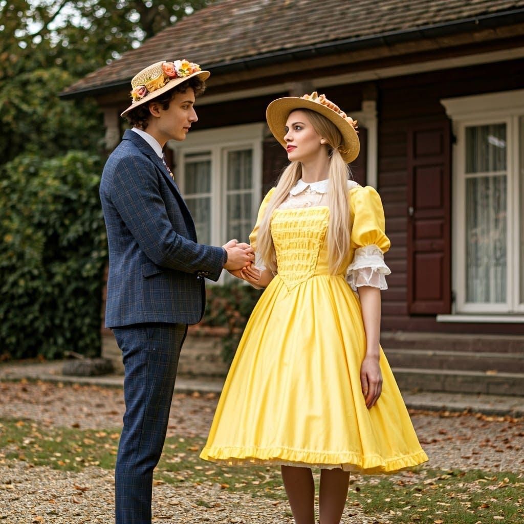 Androgynous Young Man in Pollyanna Dress Outside House