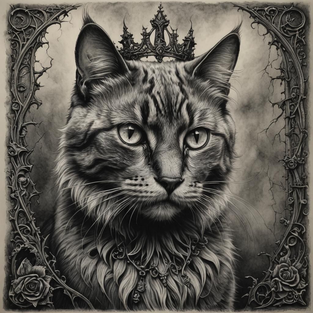 Gothic Charcoal Drawing of a Daring Feline