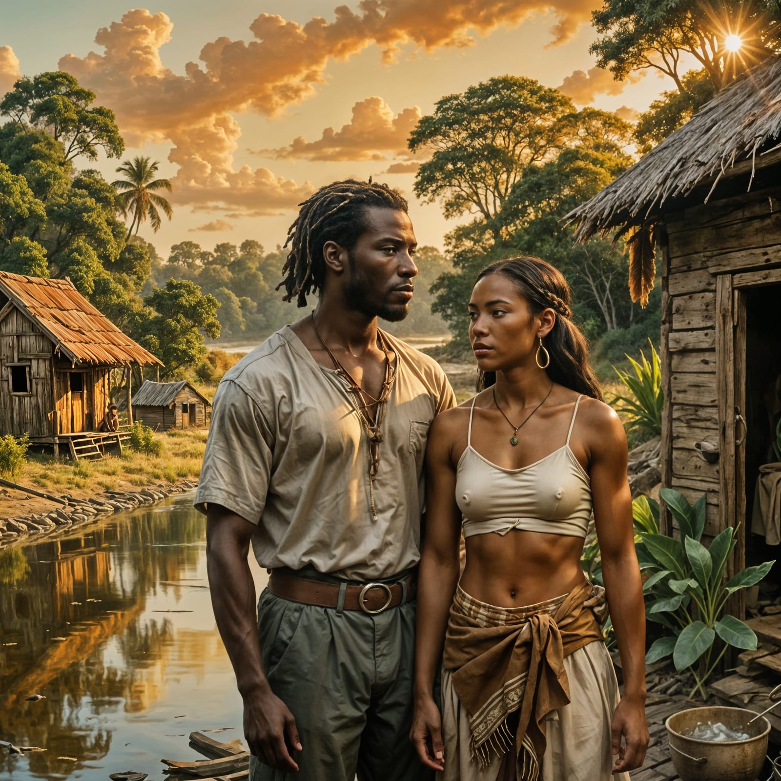 Earthly Encounter: A Muscular Man and Native Woman by a Rive...