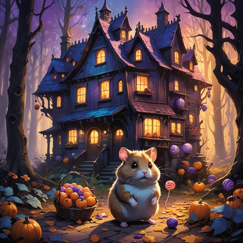 Hamster and Cat at Haunted House in Dark Fantasy