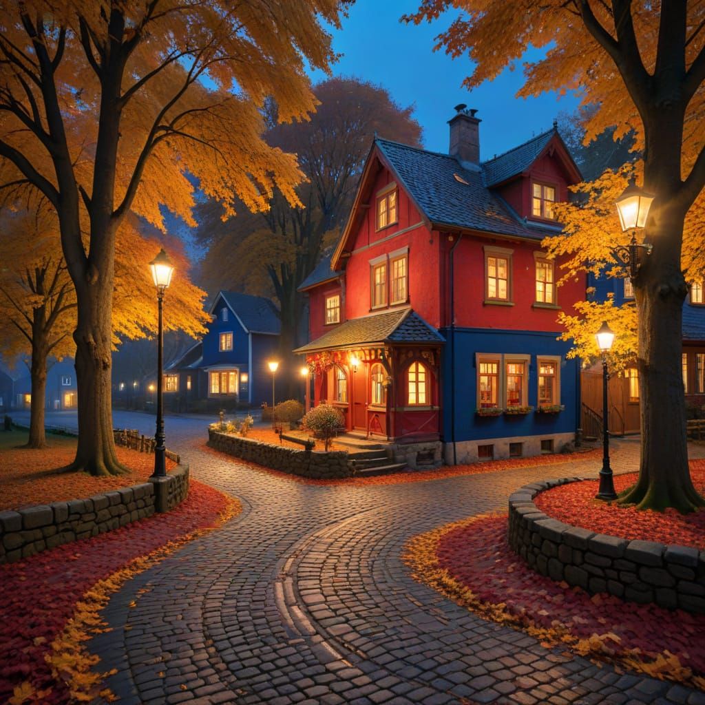 Charming Autumnal Village Scene with Radiant Trees