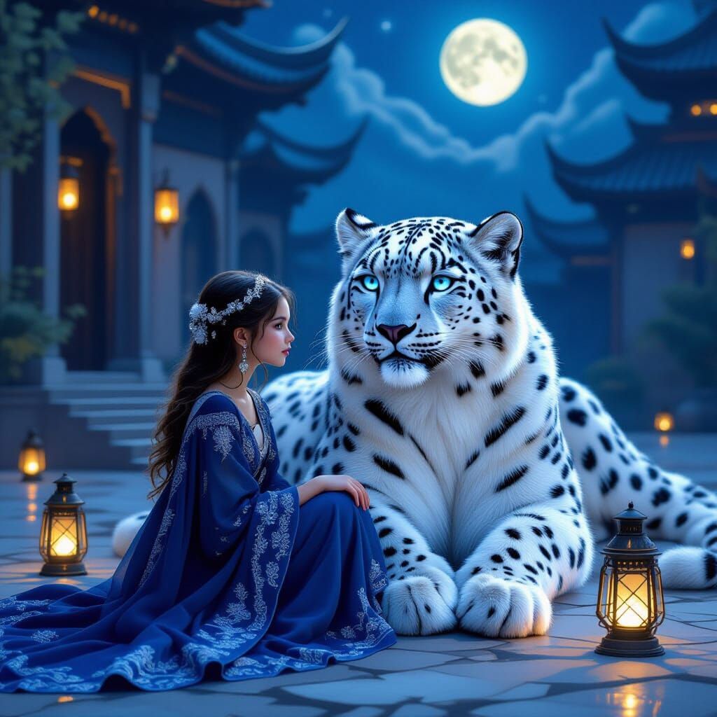 Girl and Snow Leopard in Moonlit Palace Courtyard