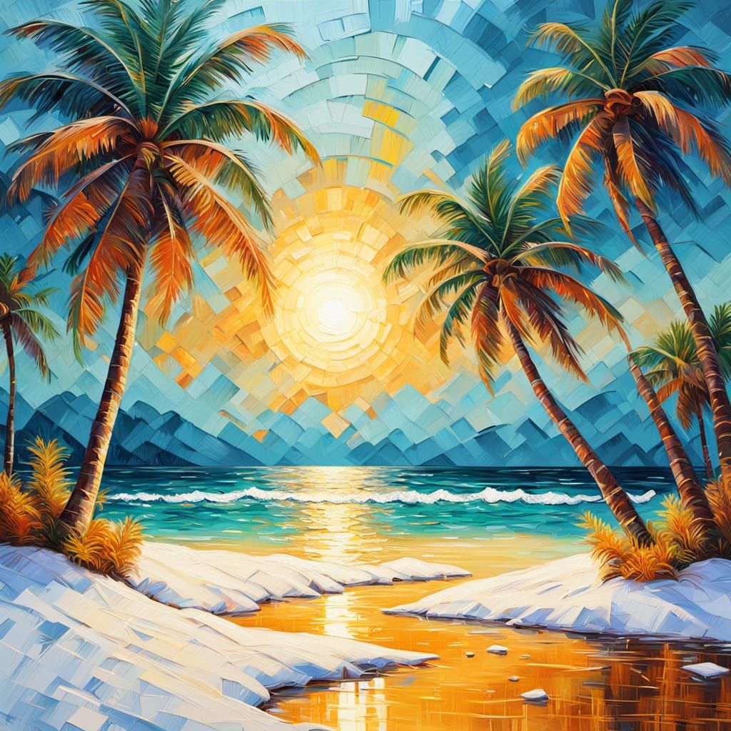 Snowy Miami Beach Palm Trees in Neo-Impressionism