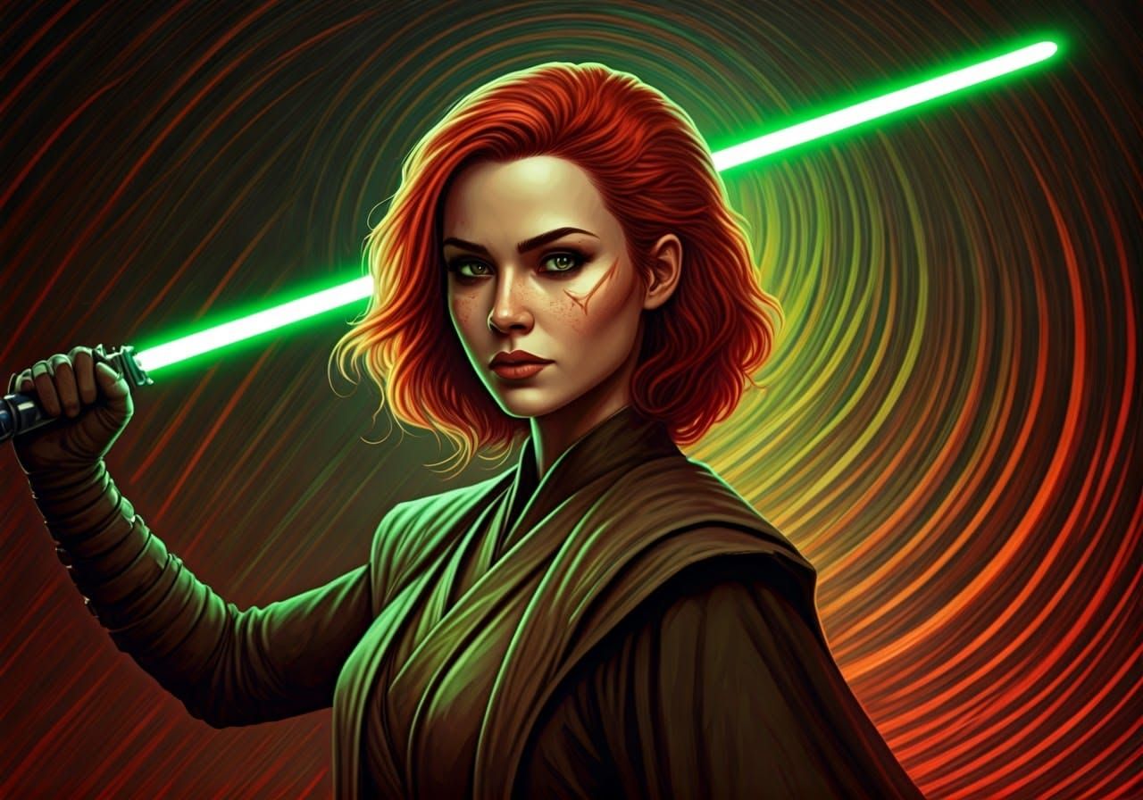 Kiffar Jedi with Green Lightsaber in Abstract Style