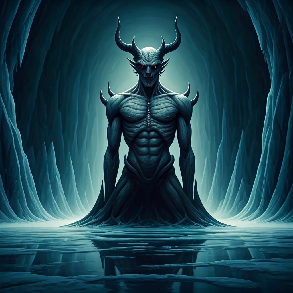 Glacial Devil Emerges from Frozen Lake as Watercolor