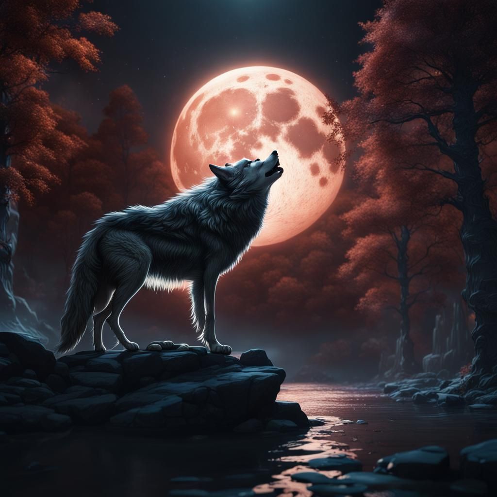 Wolf Howling in Moonlight: Fantasy Concept Art