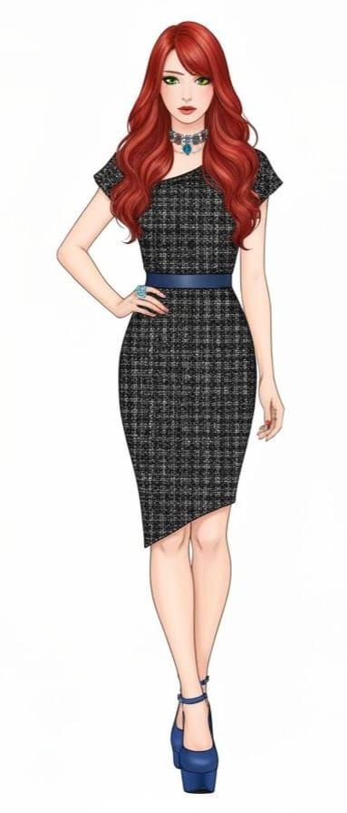 Fashion Sketch: Woman in Tweed Dress with Blue Accents