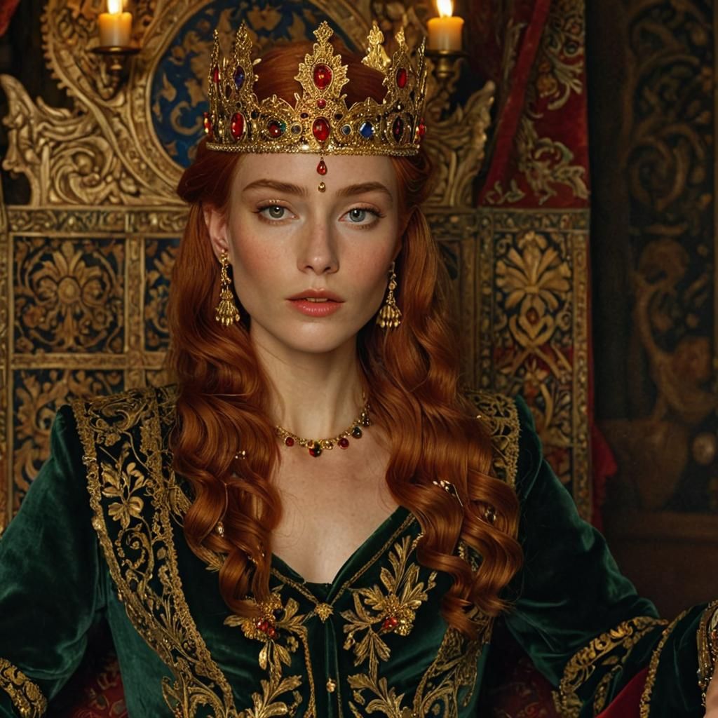 Medieval Queen in Lavish Chamber, Photorealistic 8K