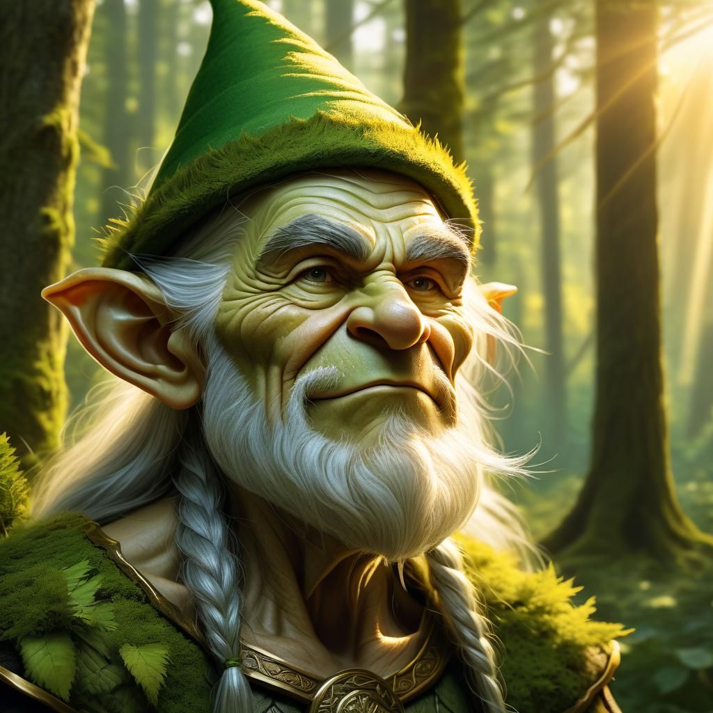 Grumpy Elf-Troll Portrait in Forest, Golden Hour