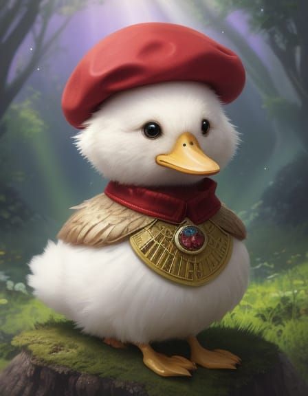Duckling in Red Beret, Watercolor Fantasy Art