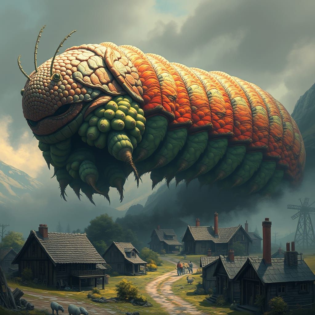 Giant Caterpillar Looms Over Small Town: Digital Art